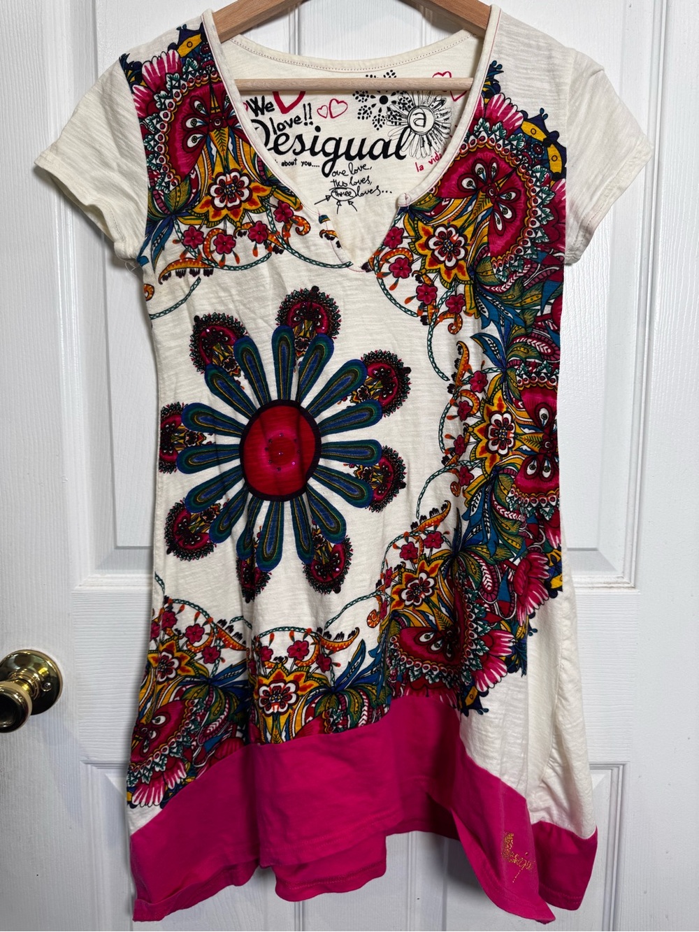 Desigual Floral Boho Tunic Mini Dress Tee Embroidered Medium M Artsy Festival